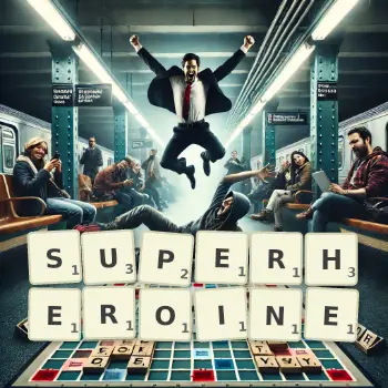 Creative illustration for a Scrabble game with the word SUPERHEROINE spelled out in tiles on the board.