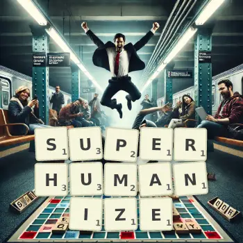 Creative illustration for a Scrabble game with the word SUPERHUMANIZE spelled out in tiles on the board.
