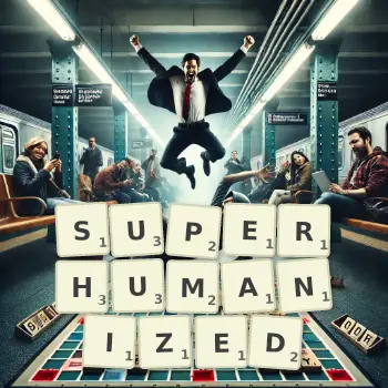 Creative illustration for a Scrabble game with the word SUPERHUMANIZED spelled out in tiles on the board.