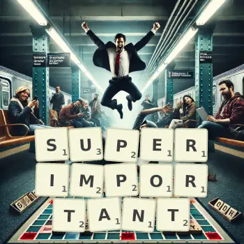 Creative illustration for a Scrabble game with the word SUPERIMPORTANT spelled out in tiles on the board.