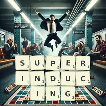 Creative illustration for a Scrabble game with the word SUPERINDUCING spelled out in tiles on the board.