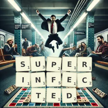 Creative illustration for a Scrabble game with the word SUPERINFECTED spelled out in tiles on the board.