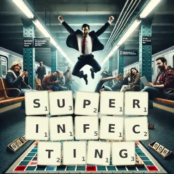 Creative illustration for a Scrabble game with the word SUPERINFECTING spelled out in tiles on the board.
