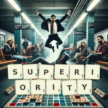 Creative illustration for a Scrabble game with the word SUPERIORITY spelled out in tiles on the board.