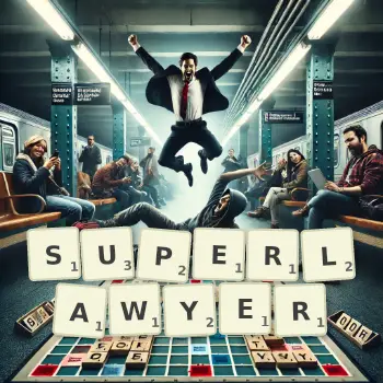 Creative illustration for a Scrabble game with the word SUPERLAWYER spelled out in tiles on the board.