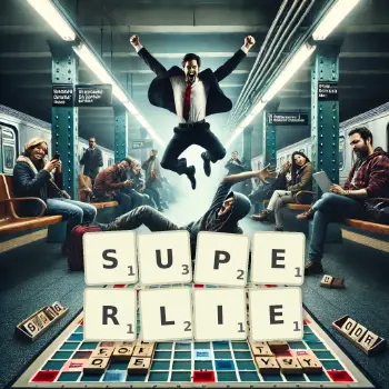 Creative illustration for a Scrabble game with the word SUPERLIE spelled out in tiles on the board.