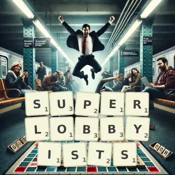 Creative illustration for a Scrabble game with the word SUPERLOBBYISTS spelled out in tiles on the board.