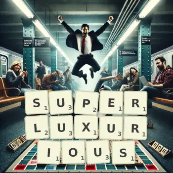 Creative illustration for a Scrabble game with the word SUPERLUXURIOUS spelled out in tiles on the board.