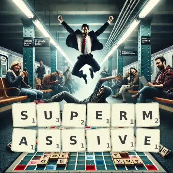 Creative illustration for a Scrabble game with the word SUPERMASSIVE spelled out in tiles on the board.