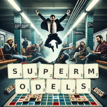 Creative illustration for a Scrabble game with the word SUPERMODELS spelled out in tiles on the board.