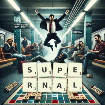 Creative illustration for a Scrabble game with the word SUPERNAL spelled out in tiles on the board.