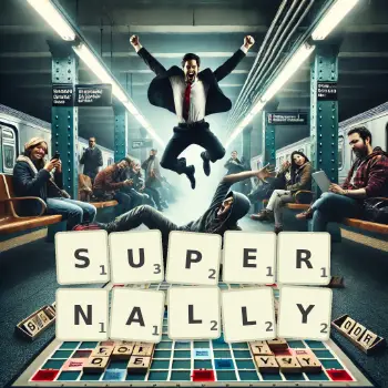 Creative illustration for a Scrabble game with the word SUPERNALLY spelled out in tiles on the board.
