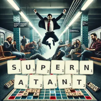Creative illustration for a Scrabble game with the word SUPERNATANT spelled out in tiles on the board.