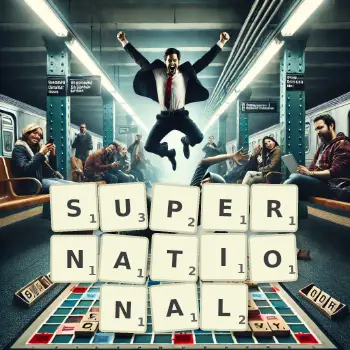 Creative illustration for a Scrabble game with the word SUPERNATIONAL spelled out in tiles on the board.