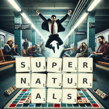 Creative illustration for a Scrabble game with the word SUPERNATURALS spelled out in tiles on the board.