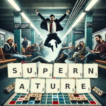 Creative illustration for a Scrabble game with the word SUPERNATURE spelled out in tiles on the board.