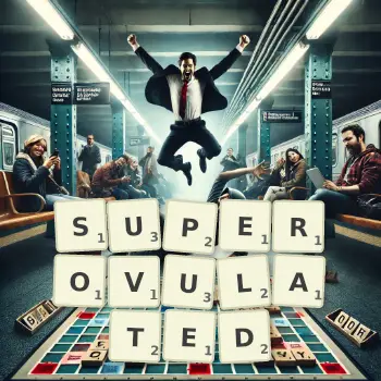 Creative illustration for a Scrabble game with the word SUPEROVULATED spelled out in tiles on the board.