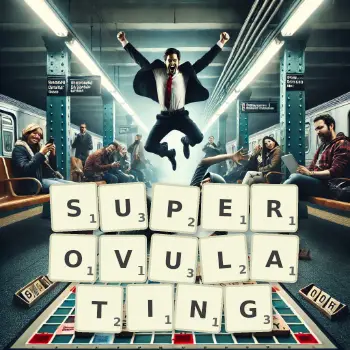 Creative illustration for a Scrabble game with the word SUPEROVULATING spelled out in tiles on the board.