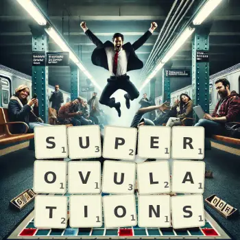 Creative illustration for a Scrabble game with the word SUPEROVULATIONS spelled out in tiles on the board.