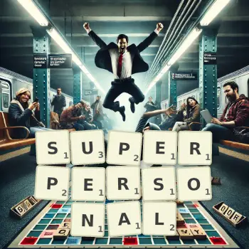 Creative illustration for a Scrabble game with the word SUPERPERSONAL spelled out in tiles on the board.