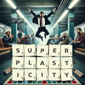 Creative illustration for a Scrabble game with the word SUPERPLASTICITY spelled out in tiles on the board.