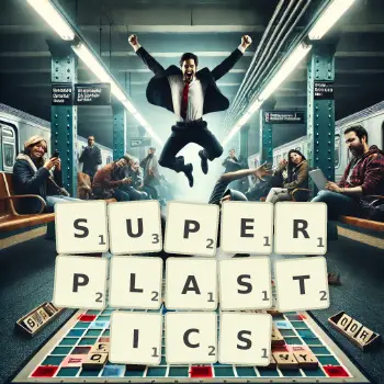 Creative illustration for a Scrabble game with the word SUPERPLASTICS spelled out in tiles on the board.