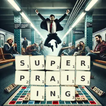 Creative illustration for a Scrabble game with the word SUPERPRAISING spelled out in tiles on the board.