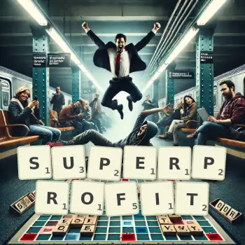 Creative illustration for a Scrabble game with the word SUPERPROFIT spelled out in tiles on the board.