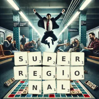 Creative illustration for a Scrabble game with the word SUPERREGIONAL spelled out in tiles on the board.