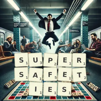 Creative illustration for a Scrabble game with the word SUPERSAFETIES spelled out in tiles on the board.