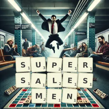 Creative illustration for a Scrabble game with the word SUPERSALESMEN spelled out in tiles on the board.