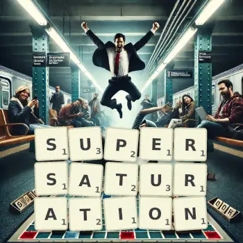 Creative illustration for a Scrabble game with the word SUPERSATURATION spelled out in tiles on the board.