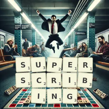 Creative illustration for a Scrabble game with the word SUPERSCRIBING spelled out in tiles on the board.