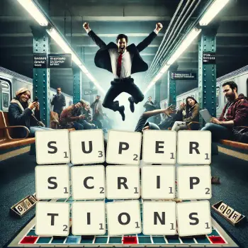 Creative illustration for a Scrabble game with the word SUPERSCRIPTIONS spelled out in tiles on the board.