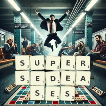 Creative illustration for a Scrabble game with the word SUPERSEDEASES spelled out in tiles on the board.