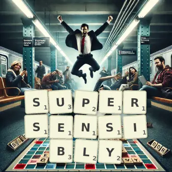 Creative illustration for a Scrabble game with the word SUPERSENSIBLY spelled out in tiles on the board.