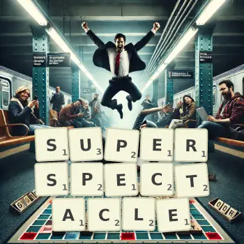 Creative illustration for a Scrabble game with the word SUPERSPECTACLE spelled out in tiles on the board.