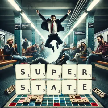 Creative illustration for a Scrabble game with the word SUPERSTATE spelled out in tiles on the board.