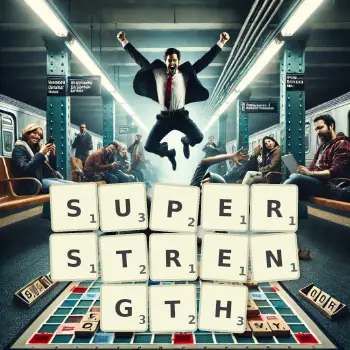 Creative illustration for a Scrabble game with the word SUPERSTRENGTH spelled out in tiles on the board.