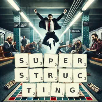 Creative illustration for a Scrabble game with the word SUPERSTRUCTING spelled out in tiles on the board.