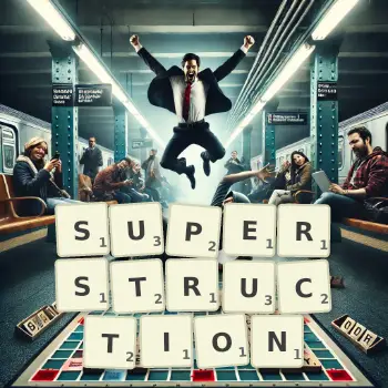 Creative illustration for a Scrabble game with the word SUPERSTRUCTION spelled out in tiles on the board.