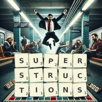 Creative illustration for a Scrabble game with the word SUPERSTRUCTIONS spelled out in tiles on the board.