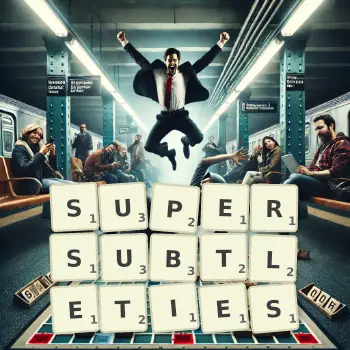 Creative illustration for a Scrabble game with the word SUPERSUBTLETIES spelled out in tiles on the board.