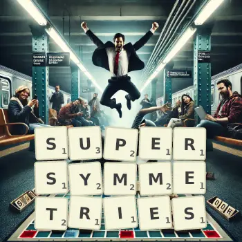 Creative illustration for a Scrabble game with the word SUPERSYMMETRIES spelled out in tiles on the board.