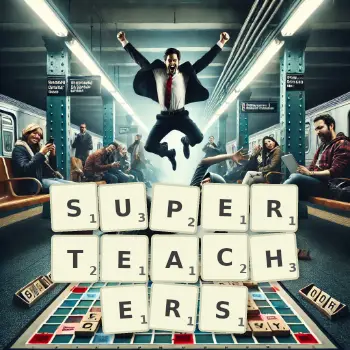 Creative illustration for a Scrabble game with the word SUPERTEACHERS spelled out in tiles on the board.