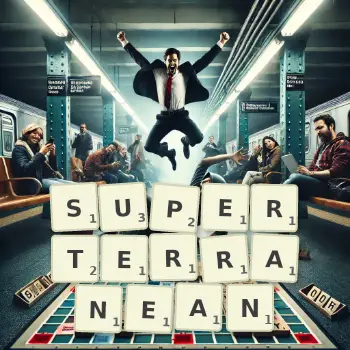 Creative illustration for a Scrabble game with the word SUPERTERRANEAN spelled out in tiles on the board.