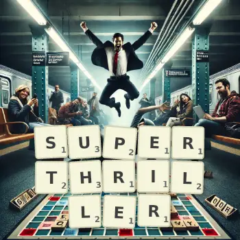 Creative illustration for a Scrabble game with the word SUPERTHRILLER spelled out in tiles on the board.