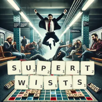 Creative illustration for a Scrabble game with the word SUPERTWISTS spelled out in tiles on the board.