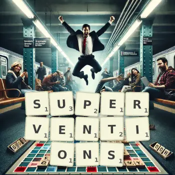 Creative illustration for a Scrabble game with the word SUPERVENTIONS spelled out in tiles on the board.
