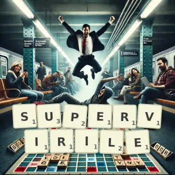 Creative illustration for a Scrabble game with the word SUPERVIRILE spelled out in tiles on the board.